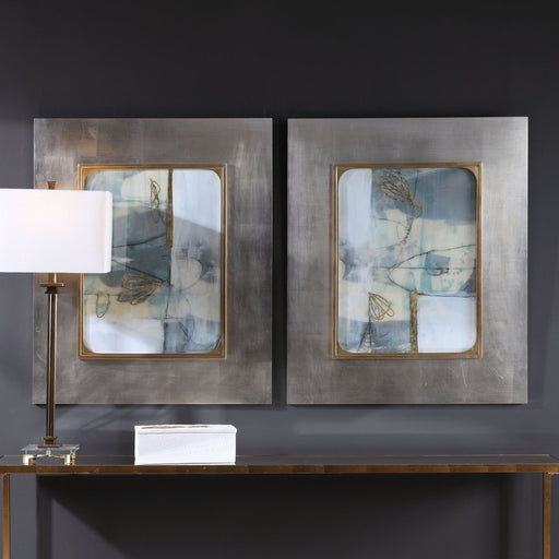 Set of two dark gray framed abstract prints from Uttermost's Gilded Whimsy collection, showcasing modern artistic wall decor.