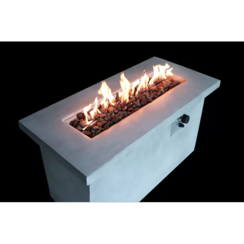 Gray propane and natural gas outdoor fire pit table by LSI Patio Furniture with a modern design and flame display.