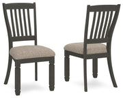 Set of two Tyler Creek dining UPH side chairs with slatback design in black and grayish brown by Signature Design Ashley.