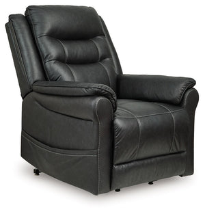 Signature Design by Ashley Oatman Power Lift Recliner in neutral fabric, showcasing plush cushioning and ergonomic design.