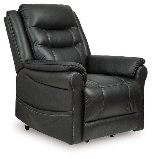 Signature Design by Ashley Oatman Power Lift Recliner in neutral fabric, showcasing plush cushioning and ergonomic design.