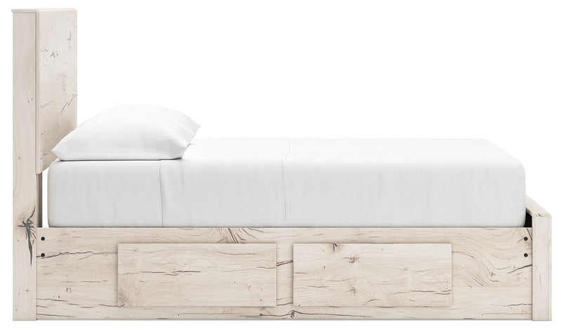 Signature Design by Ashley Lawroy panel bed with built-in storage drawers, showcasing a modern wooden storage bed in a cozy bedroom setting.