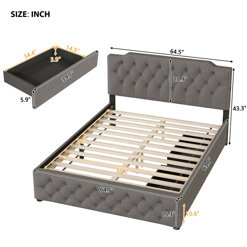 Upholstered Platform Bed With 2 Drawers And 2 Sets Of USB Ports On Each Side, Fabric - R&R Furniture Gallery (Fountain Valley, CA)