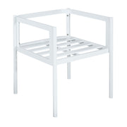 Set of two Noble House all-weather outdoor dining chairs with metal frames and cushioned seats, ideal for patio dining.