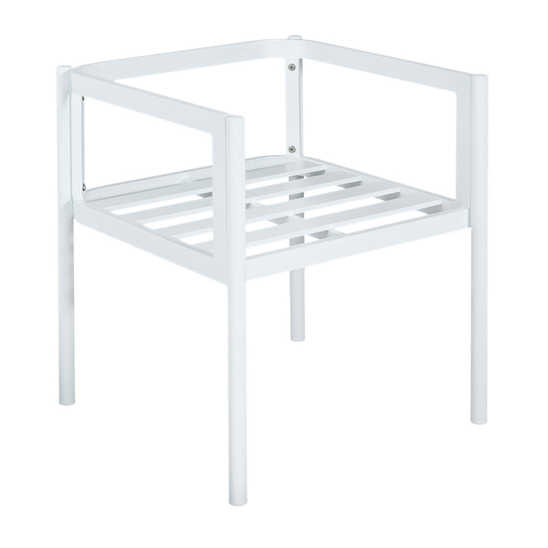 Set of two Noble House all-weather outdoor dining chairs with metal frames and cushioned seats, ideal for patio dining.