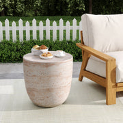 Lightweight beige concrete side table with travertine top by Noble House, suitable for outdoor and indoor use.