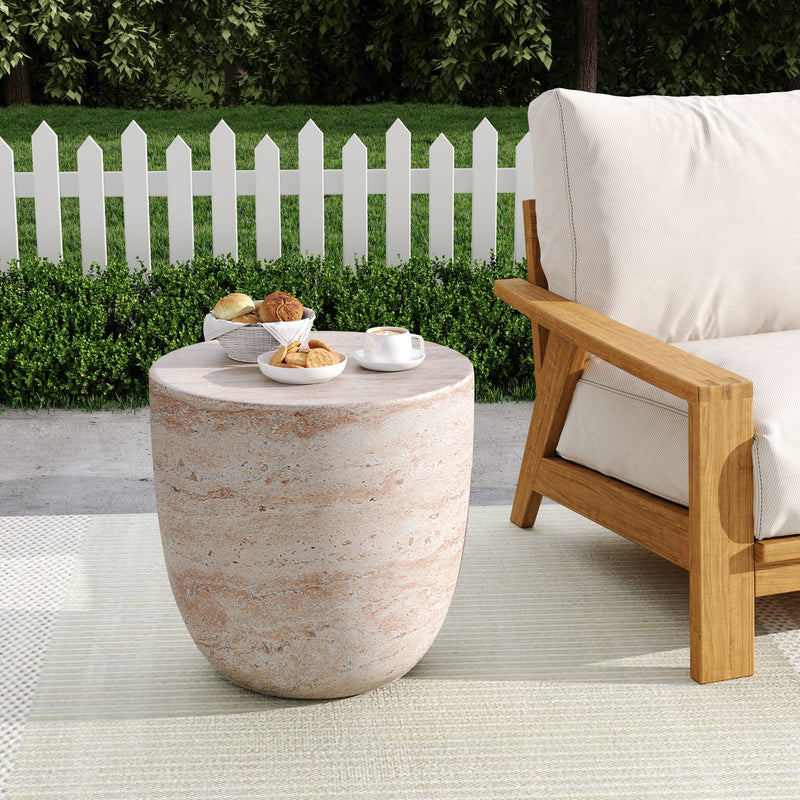 Lightweight beige concrete side table with travertine top by Noble House, suitable for outdoor and indoor use.