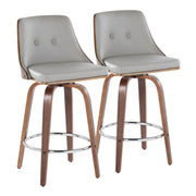 Lumi Source Gianna mid-century modern fixed height swivel stools with round footrests, set of 2, featuring sleek wooden seats and metal bases.