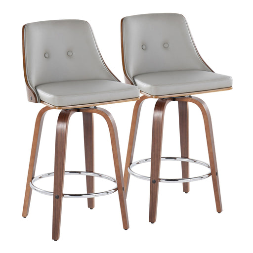Lumi Source Gianna mid-century modern fixed height swivel stools with round footrests, set of 2, featuring sleek wooden seats and metal bases.
