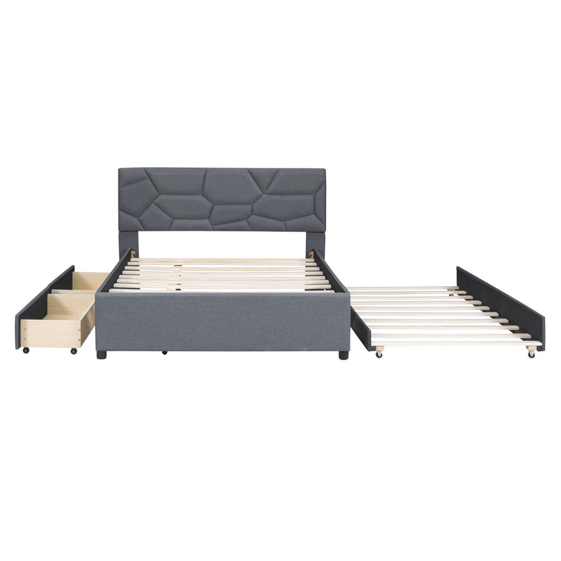 Upholstered Platform Bed With Brick Pattern Headboard And Twin Long Size Trundle - R&R Furniture Gallery (Fountain Valley, CA)