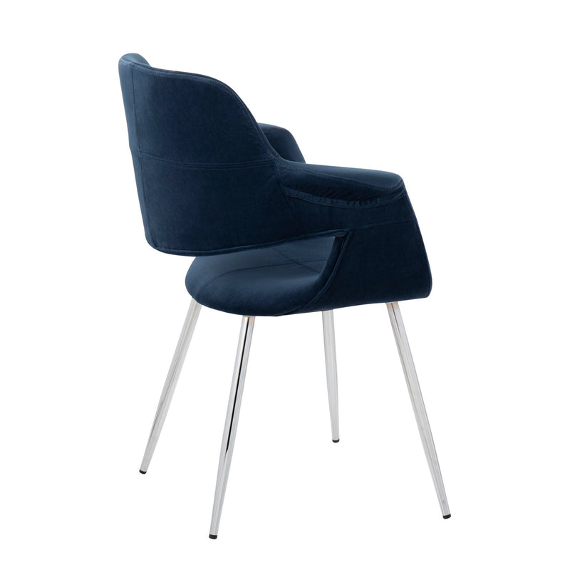 Set of two Lumi Source vintage flair art deco accent chairs with chrome legs in yellow, black, blue, or cream upholstery.