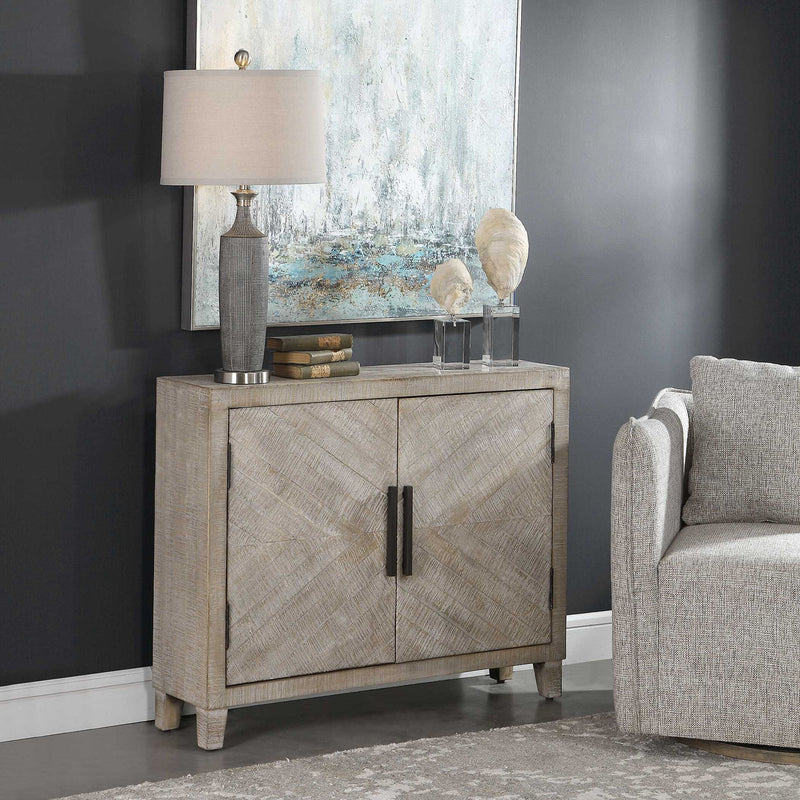 Uttermost Adalind Washed Accent Cabinet in white wash finish, featuring a stylish wooden design with metal accents.