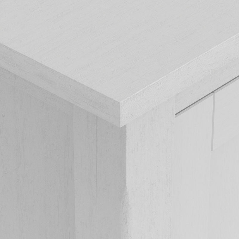Handcrafted Warm Shaker TV media stand by Simpli-Home with open shelving and storage compartments, made of warm-toned wood.