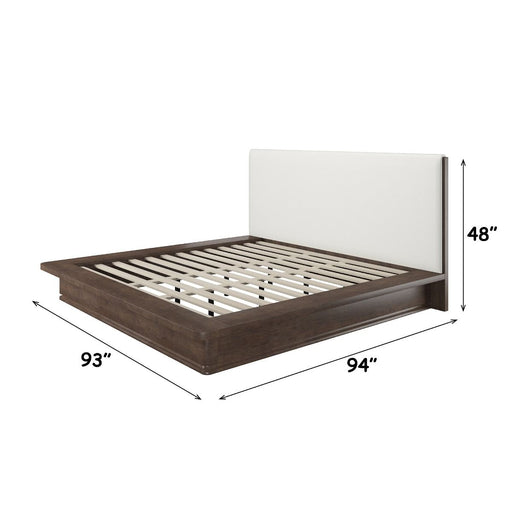 ACME Zoey upholstered bed with a plush fabric headboard and sleek frame, showcasing a modern bedroom design.