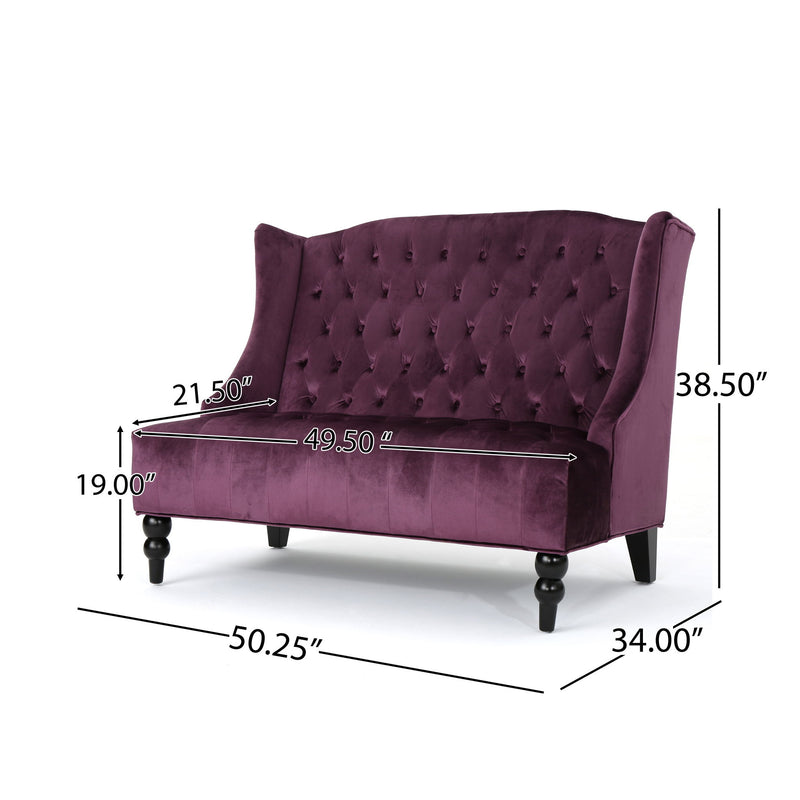 Noble House Nurturing upholstered loveseat with wing back design and diamond tufting, featuring plush fabric and elegant style.