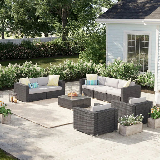 7 Person Outdoor Seating Group With Cushions - Gray / Silver - R&R Furniture Gallery (Fountain Valley, CA)