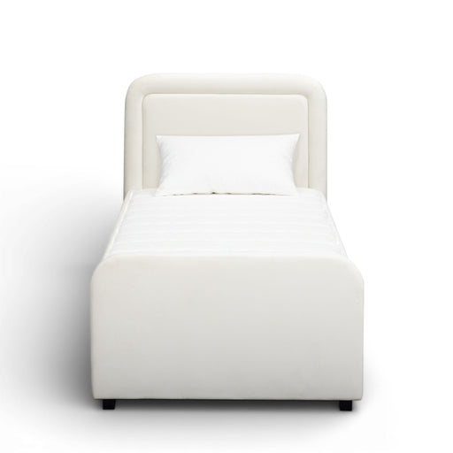TOV Furniture Briella trundle bed with sleek wooden frame and pull-out storage or sleeping area, in a modern bedroom setting.