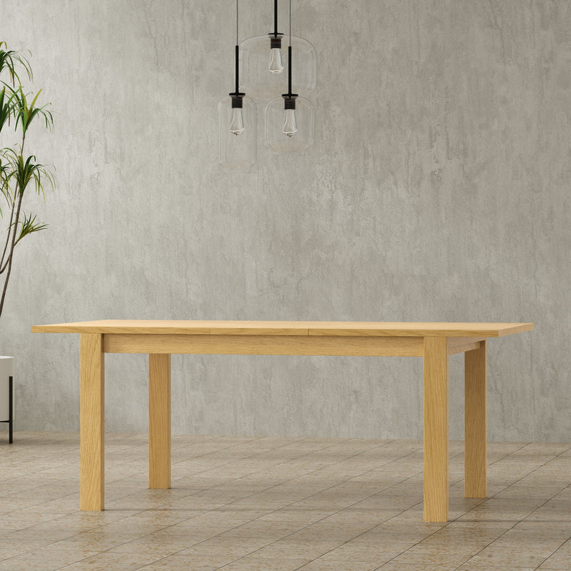 Wilson handcrafted dining table by Simpli-Home, showing a sturdy wooden surface with elegant design, ideal for family meals.