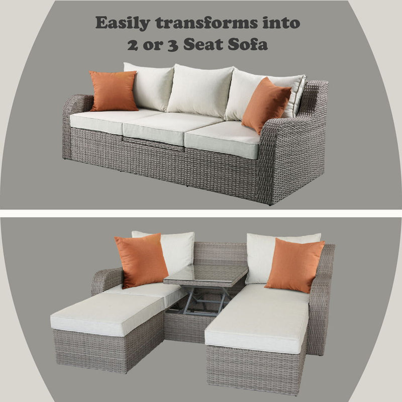 Salena - Patio Sofa With 2 Pillows & 2 Ottomans - Beige Fabric & Gray Wicker - R&R Furniture Gallery (Fountain Valley, CA)