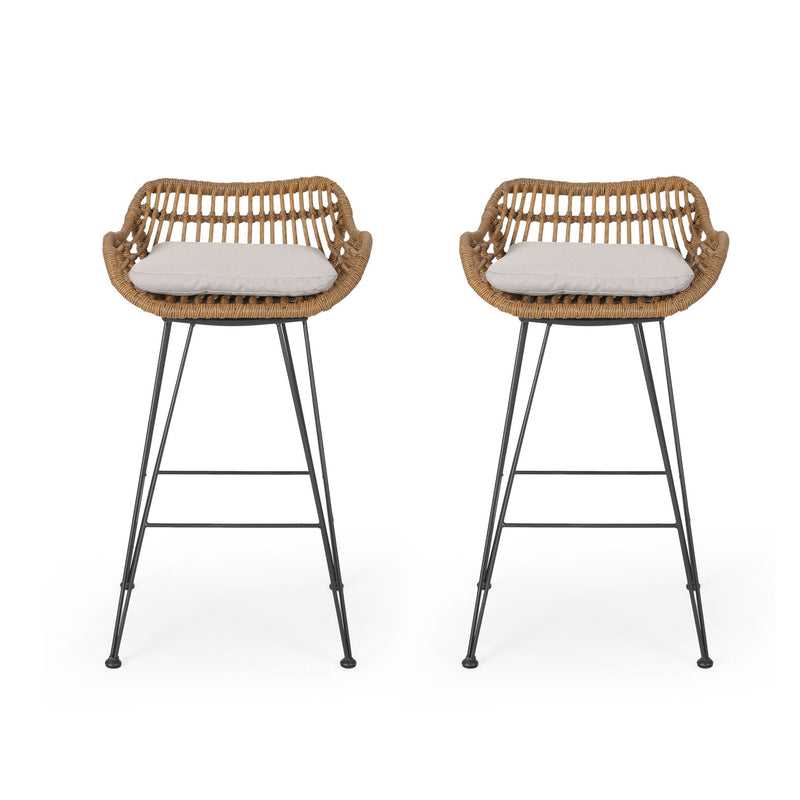 Noble House outdoor rattan bar chair with metal legs, part of stool set, featuring woven rattan seat and sturdy metal frame.