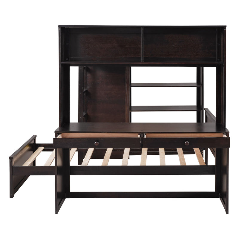 DreamHaus loft bed with twin standalone bed, shelves, desk, and wardrobe, showcasing a modern multi-functional bedroom setup.