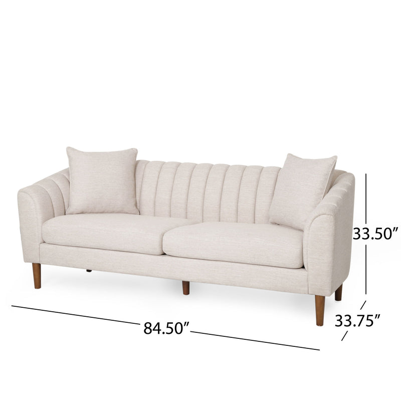 Noble House contemporary 3-seater stationary sofa with accent pillows, upholstered in neutral fabric, modern living room furniture.