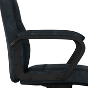 Distressed blue Simpli-Home swivel office chair with ergonomic design and adjustable height, featuring a cushioned seat and backrest.