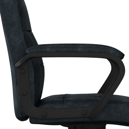 Distressed blue Simpli-Home swivel office chair with ergonomic design and adjustable height, featuring a cushioned seat and backrest.