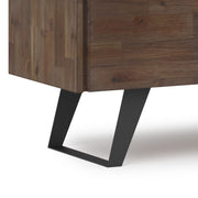 Rustic natural aged brown Lowry TV media stand by Simpli-Home with storage cabinets and open shelving for living room entertainment.