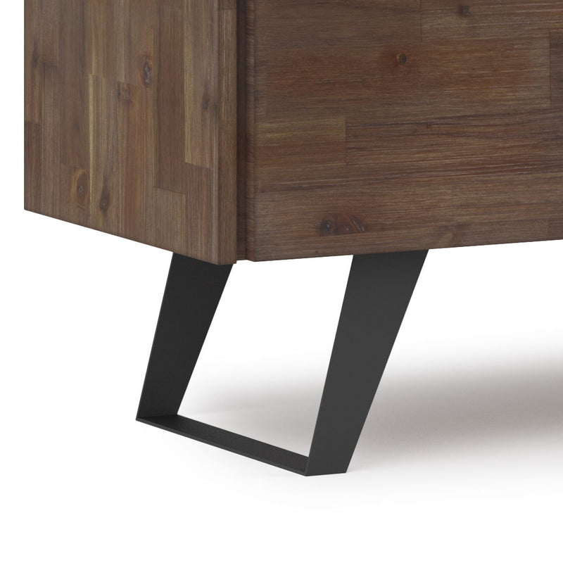Rustic natural aged brown Lowry TV media stand by Simpli-Home with storage cabinets and open shelving for living room entertainment.