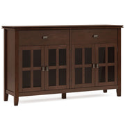 Large Russet Brown Simpli-Home Artisan 4-door sideboard buffet with spacious storage and sleek wooden finish.