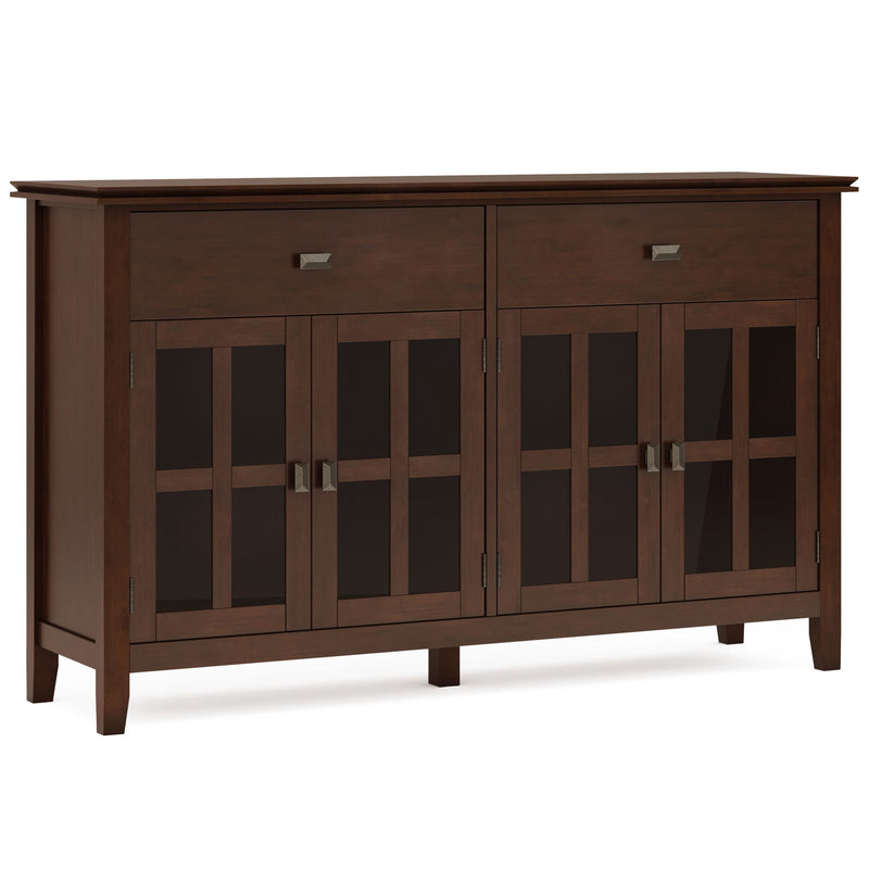 Large Russet Brown Simpli-Home Artisan 4-door sideboard buffet with spacious storage and sleek wooden finish.
