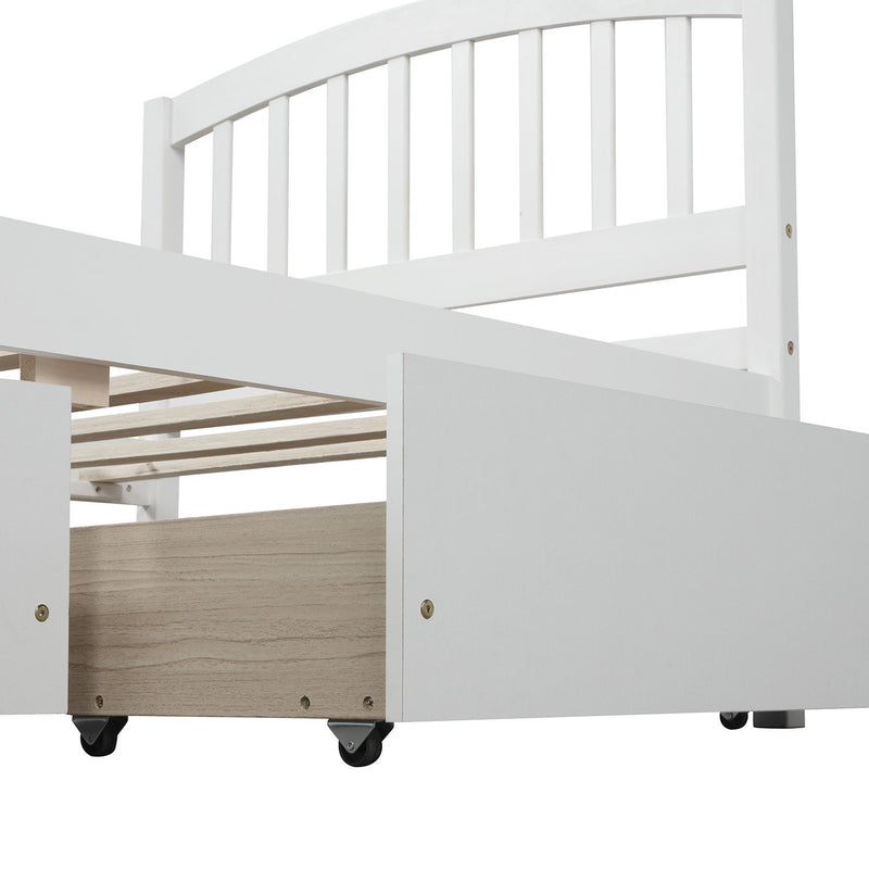 DreamHaus platform storage bed with wood frame, two drawers, and headboard, showcasing a modern bedroom setup.