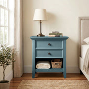 Handcrafted Amherst bedside table by Simpli-Home featuring a wooden surface and storage drawer for bedroom decor.