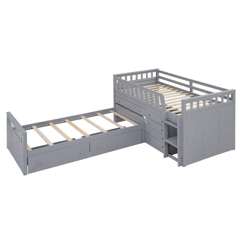 DreamHaus loft platform bed with 7 drawers, full guardrails, and L-shaped modern design, space-saving for bedroom use.