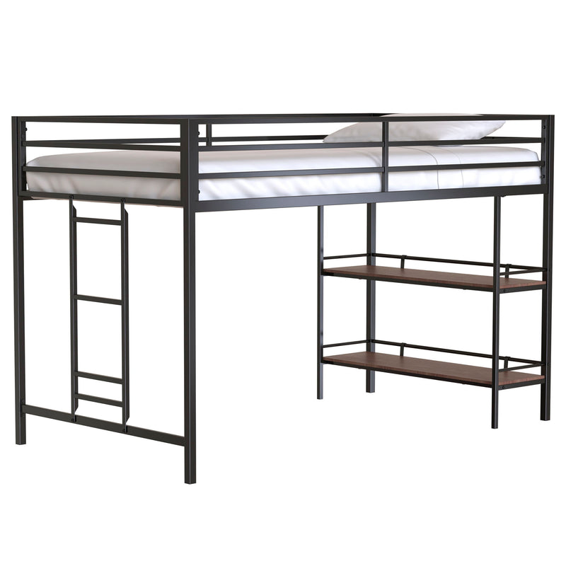 Adam - Twin Loft Bunk Bed With Cinnamon Wood Shelf - Black - R&R Furniture Gallery (Fountain Valley, CA)