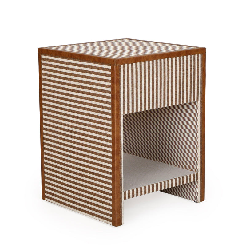 Kora cotton jute accent nightstand by TOV Furniture featuring a natural woven texture and wooden legs.