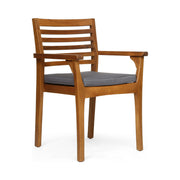Set of two Noble House outdoor dining chairs with slat back, acacia wood frame, in gray and teak finish for patio seating.