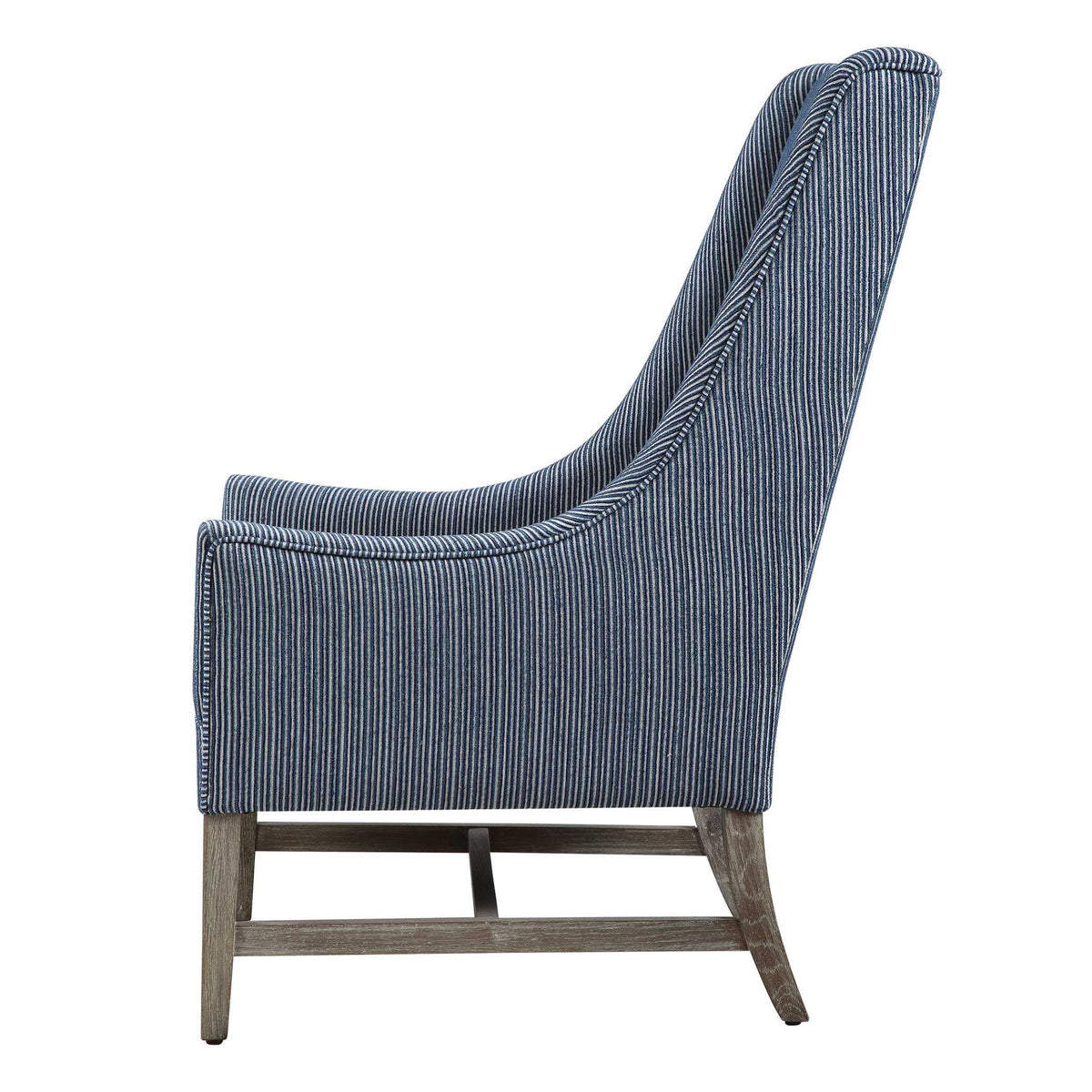 Blue Uttermost Galiot wingback accent chair with tufted upholstery and wooden legs, stylish and comfortable for living spaces.
