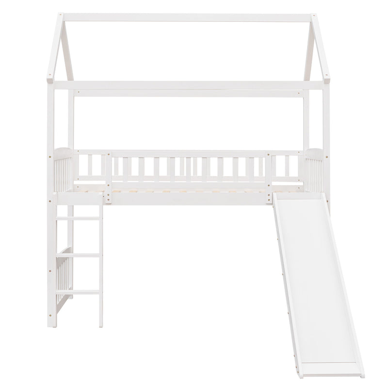 DreamHaus loft bed with built-in slide, featuring a modern wooden frame and a cozy sleeping area with playful slide attachment.