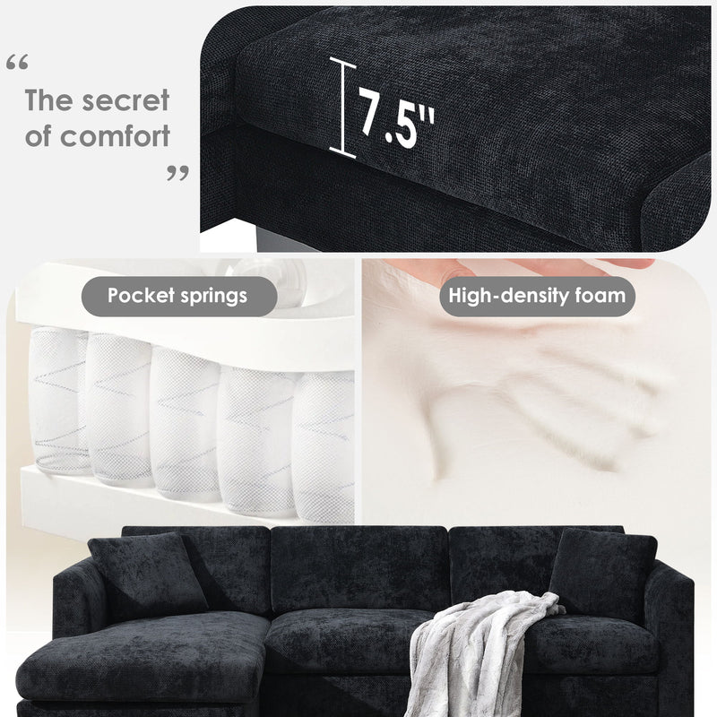 Luxe & Co. modern L-shaped cloud sectional sofa with oversized chaise, four seats, and two free pillows in a stylish living room setting.