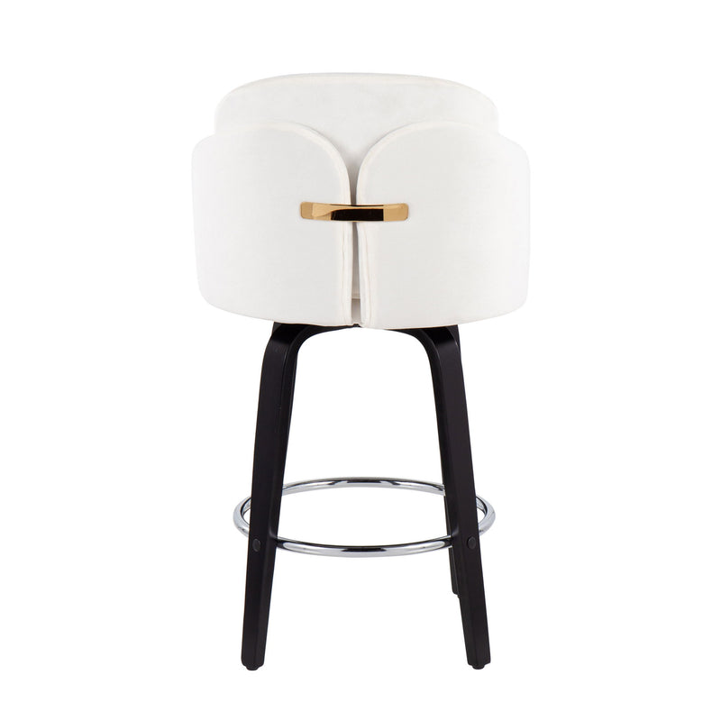 Pair of Lumi Source Dahlia contemporary counter stools with round footrests, black upholstered seats, and sleek metal legs.