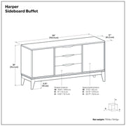Simpli-Home Harper sideboard buffet with wood finish, featuring multiple drawers and cabinet doors for storage.