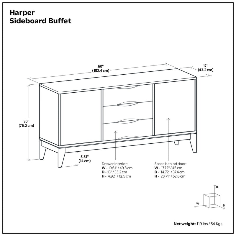 Simpli-Home Harper sideboard buffet with wood finish, featuring multiple drawers and cabinet doors for storage.