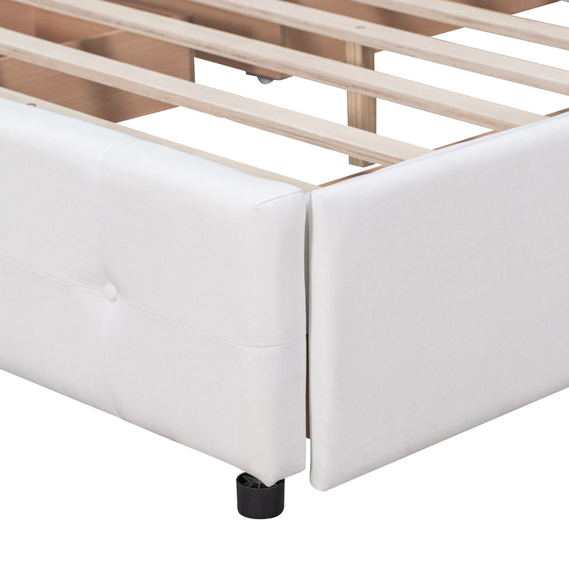 DreamHaus upholstered platform bed with classic headboard and built-in storage drawers, no box spring needed, in a modern bedroom setting.