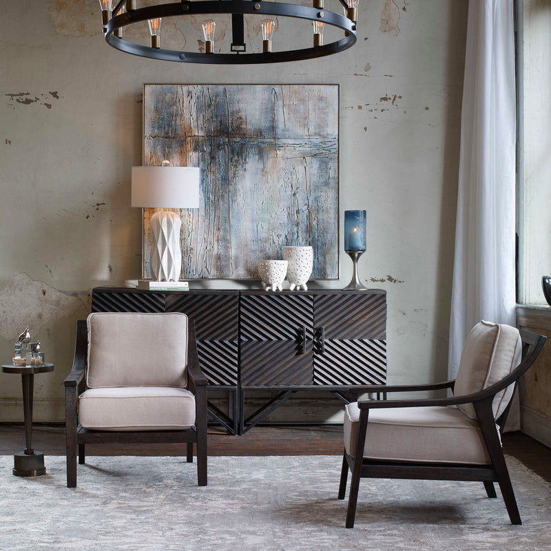 Uttermost Lyle beige accent arm chair with plush cushioning and wooden legs, stylish and comfortable for living room decor.