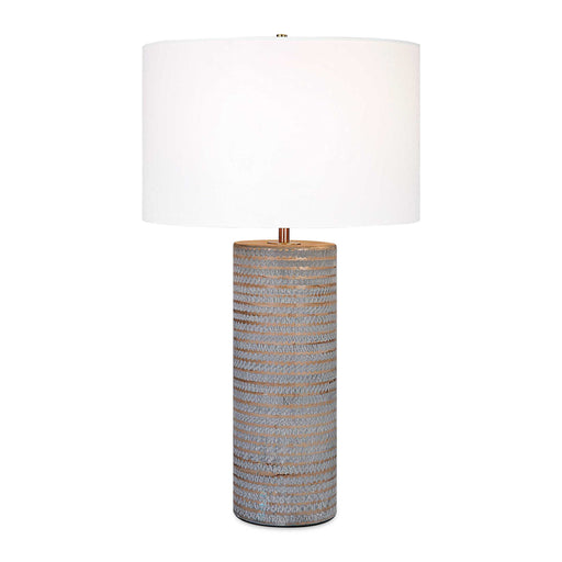 Uttermost Monolith gray table lamp with a modern, sculptural design, featuring a cylindrical base and fabric shade.