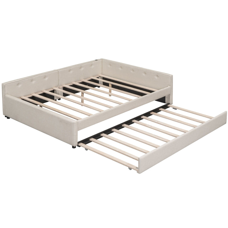 Queen Size Upholstered Platform Bed With USB And Twin Trundle - Beige - R&R Furniture Gallery (Fountain Valley, CA)