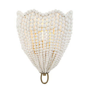 Uttermost Biddeford 1-light beaded sconce with gold finish and white accents, featuring a decorative beaded design on the wall-mounted fixture.