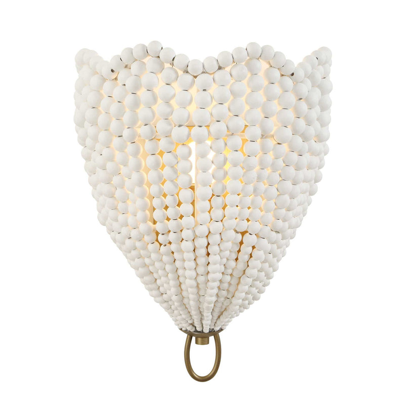 Uttermost Biddeford 1-light beaded sconce with gold finish and white accents, featuring a decorative beaded design on the wall-mounted fixture.